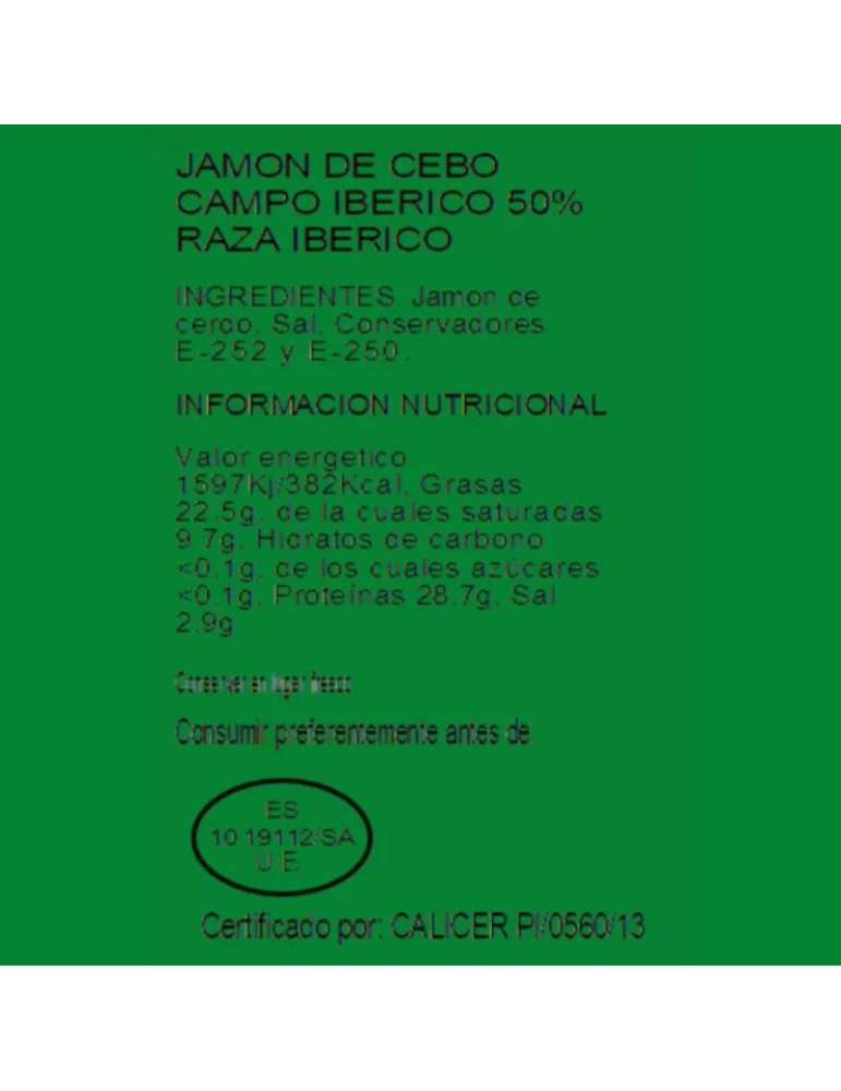 10 sobres de jamón cebo de campo ibérico 50% raza ibérico loncheado