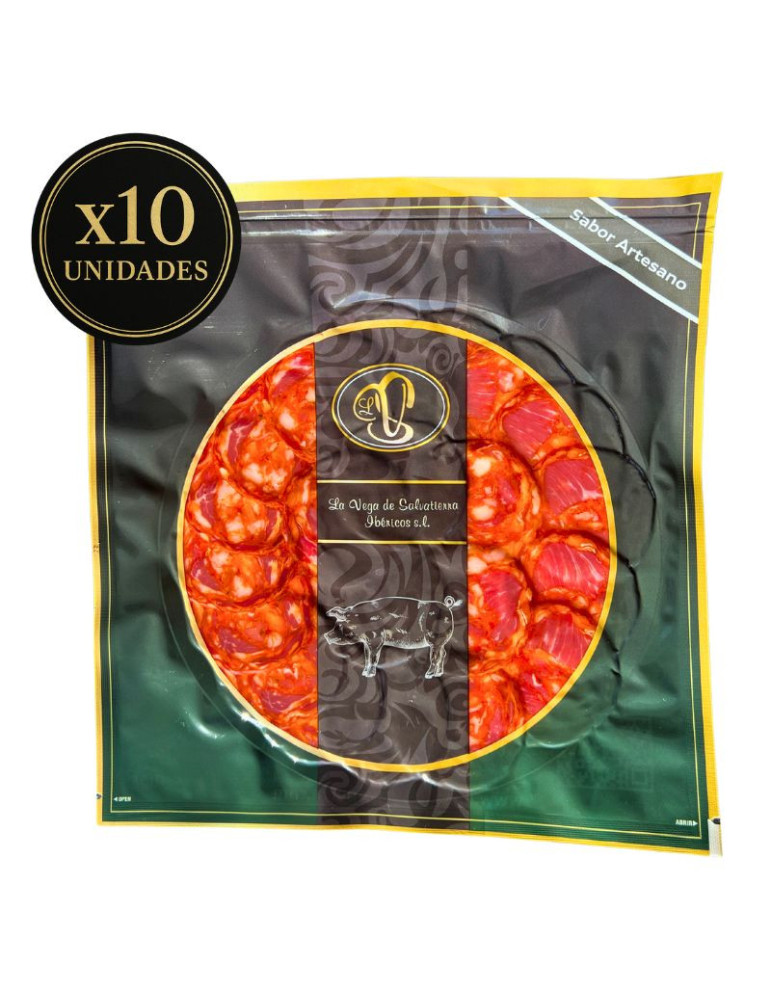 10 platos de chorizo ibérico envasado